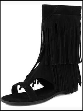 Tassel Mid Calf Boots Flat Roman Gladiator Sandals Casual Summer